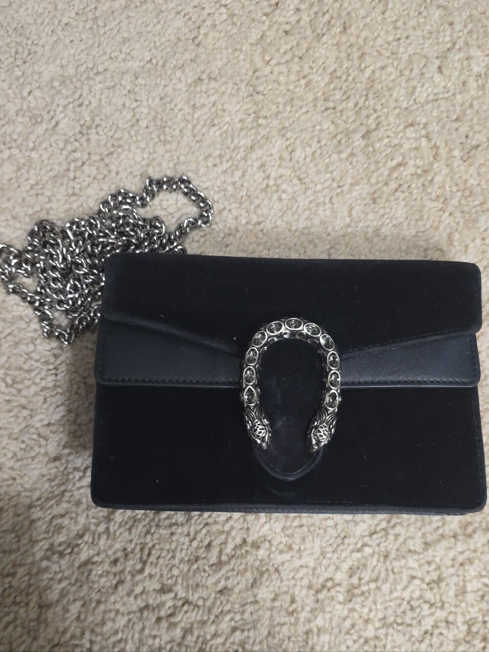 Gucci Black Velvet Crossbody with Silver Chain and Horsebit